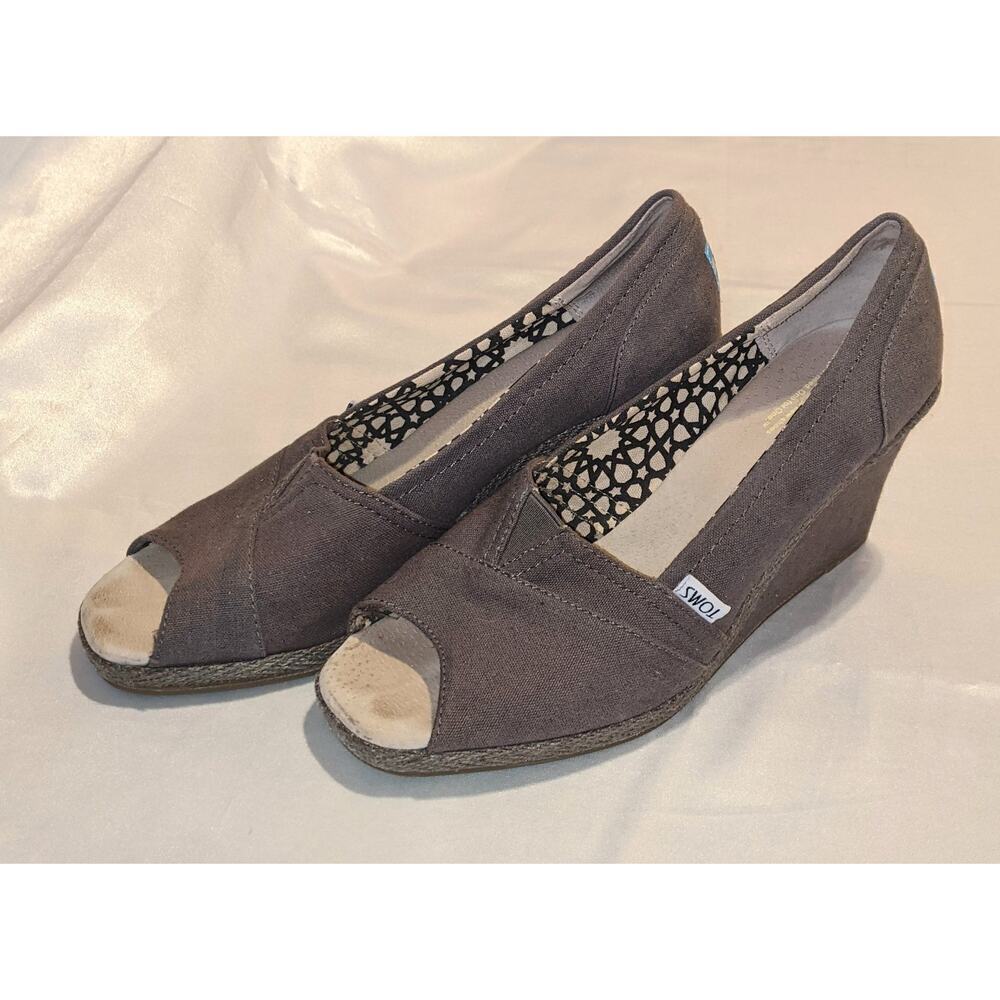 TOMS Women's Espadrille Wedge Heels Open Toe Ash Gray Canvas Shoes Size 9.5 - Picture 2 of 8